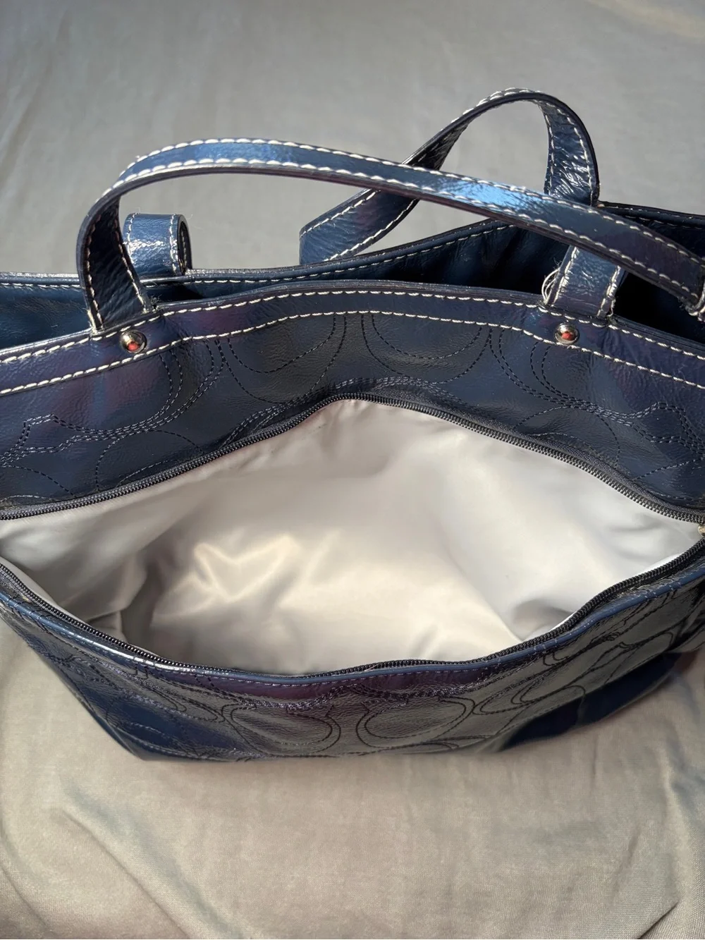 Coach Deep Blue Patent Shiny Leather Satin Lined Large Tote Diaper Bag F19265